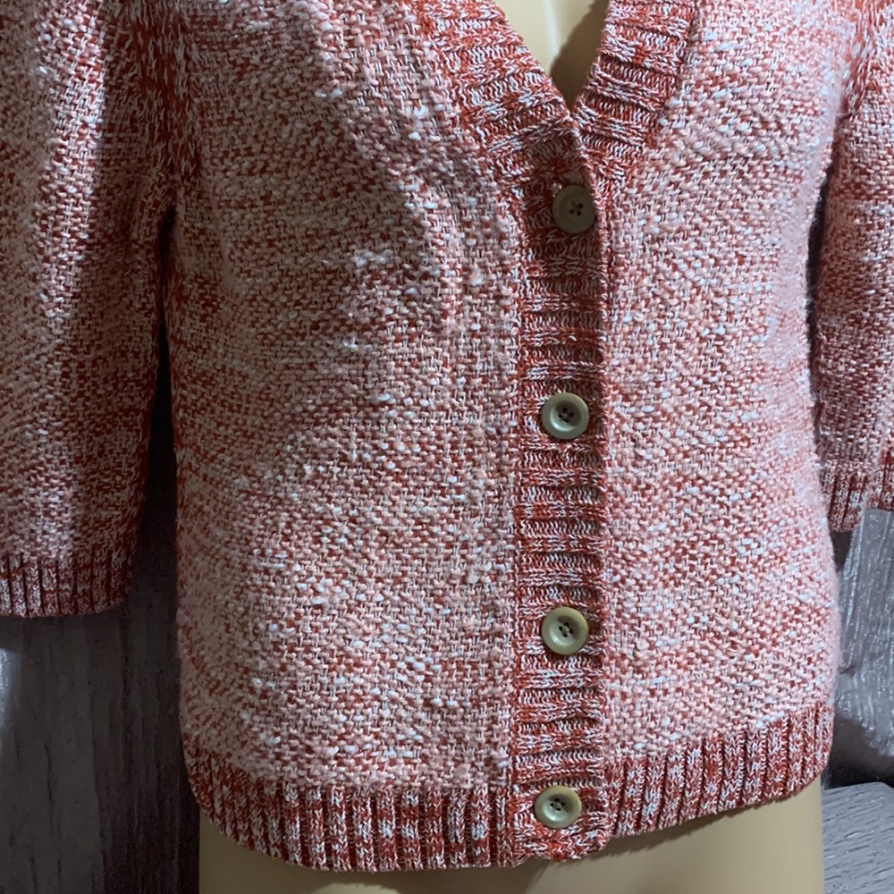J. Jill Sweater Cardigan L Brown Cream Peach 3/4 Sleeve Linen Silk Cotton - Picture 2 of 16